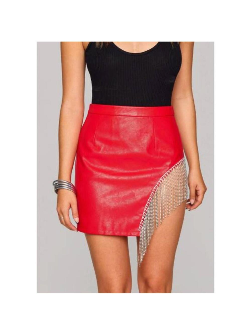 NWT BUDDYLOVE Show Girl Crystal Fringe Mini Skirt Sz Sm RED